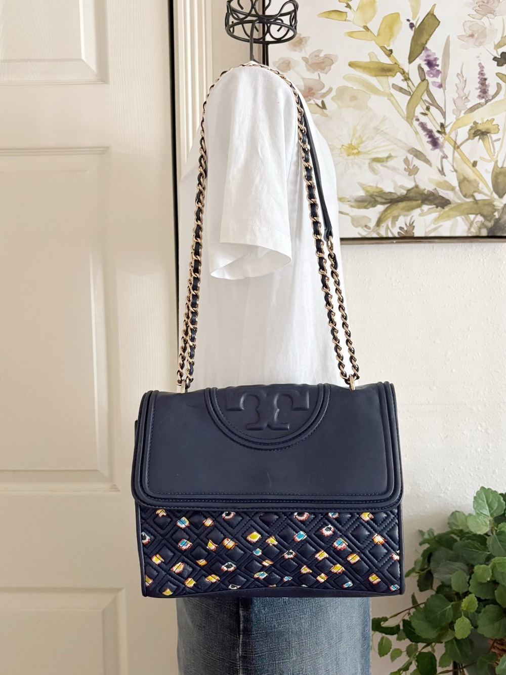 Tory Burch Navy Quilted Shoulder Bag with Multicolor Accents